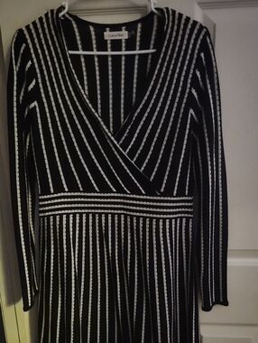 Calvin Klein Black and White Striped Wrap-Front Long Sleeve Dress